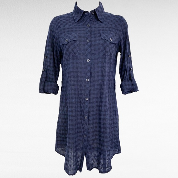 Solemio | NWOT Shirt Dress Tunic Blouse Tie Waist Blue-Black Checkered  S - Picture 3 of 16